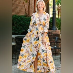 Aakaa It's A Match Beige Floral Maxi Dress Butterfly Print